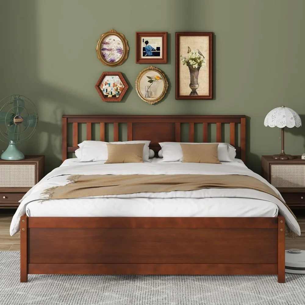 

Queen Size Solid Wood Platform Bed Frame, Mid Century Queen Bed Frame with Headboard, Wood Slat Support, Panel Bed, No B