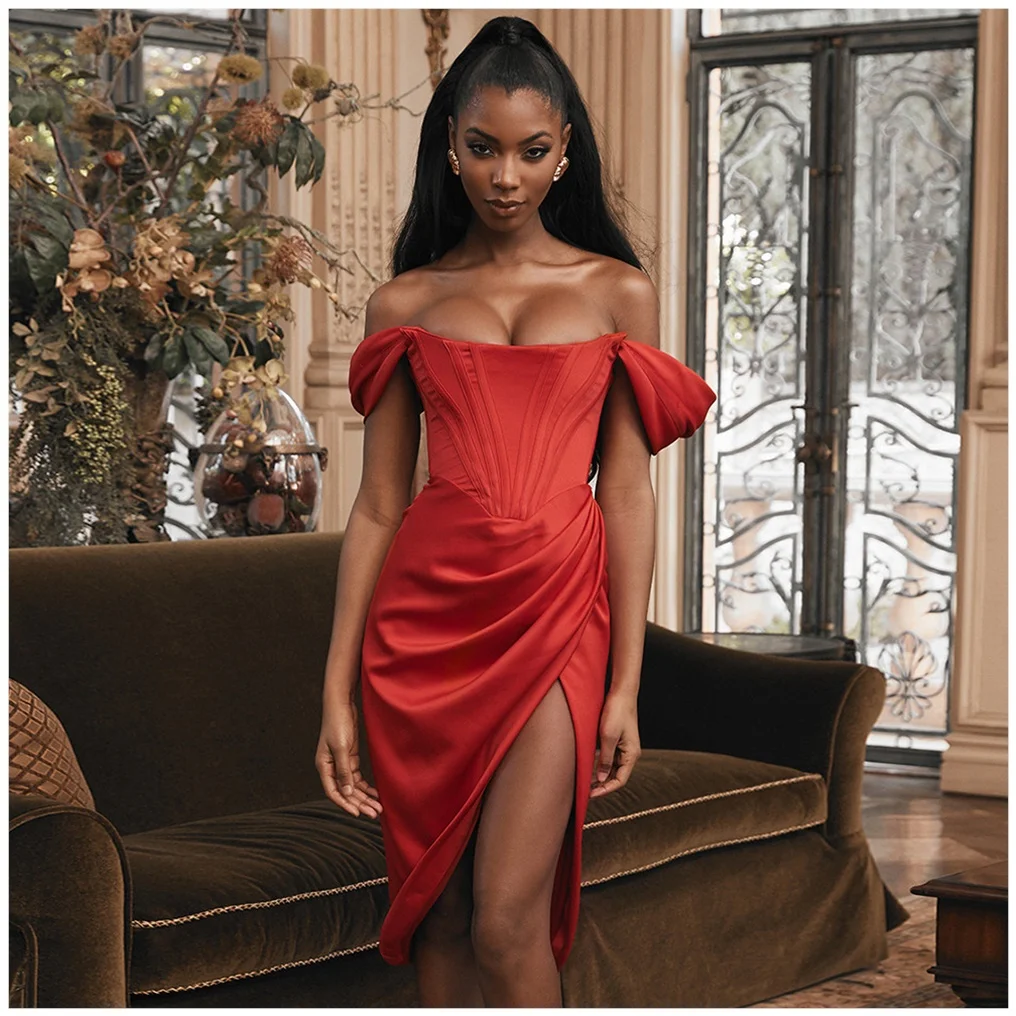 Vestido de Madrinha Sexy Vermelho Irregular com Um Ombro, Fenda, Estilo Urbano, Cintura Alta, Zíper, Manga Princesa, Crime...