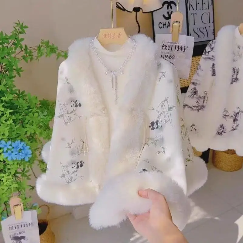 2026 New Chinese Style Eco Fur Shawl Autumn Winter Plush Collar Short Cloak Vintage Panda Bamboo Printing Coat Outer Robe Female