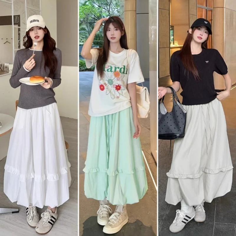 LanCharm المرأة الربيع الشمس حماية كشكش تنورة الصيف مترهل تنورة فضفاضة عالية الخصر البطن التحكم ألف خط ماكسي تنورة