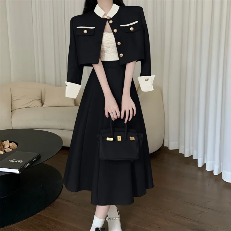 New Designer Autumn Two Piece Set Women Single Breasted Short Jacket Coat + High Waist Midi Aline Skirts Set Office Lady Elegant