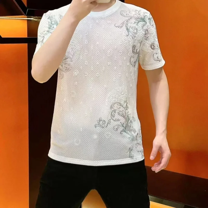 

New Summer Men's Ice Silk Jacquard Hot Stamping T-shirt Short-sleeved Casual Round Neck Trendy and Breathable Thin