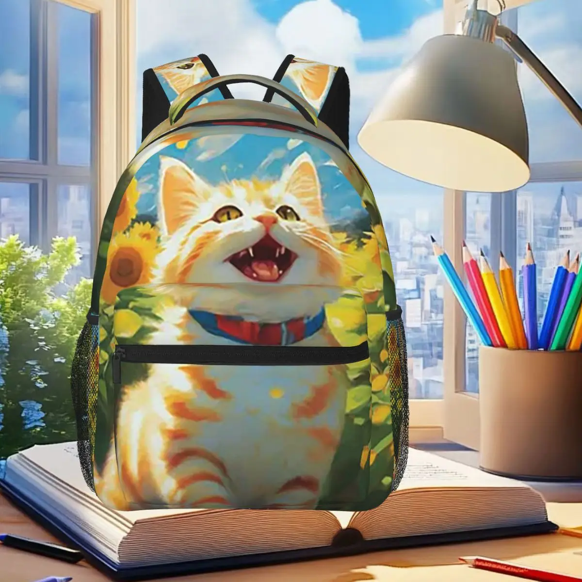 

Sunflowers Surround Cat Pattern Backpack Student Boys Girls BookBag Children School Bag Laptop Shoulder Bags for Men Women