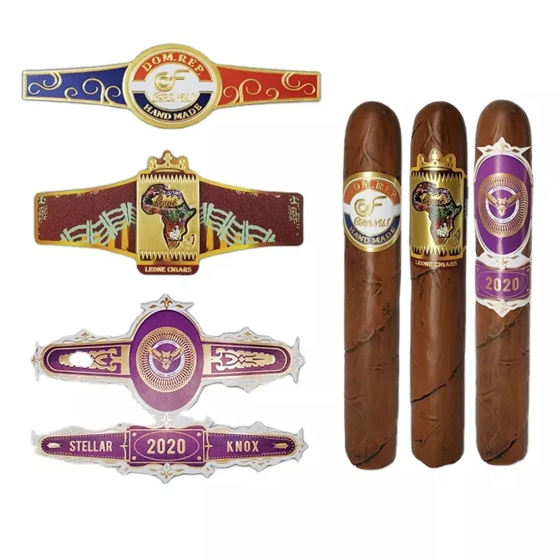 Etiqueta de banda de cigarros con logotipo impreso dorado personalizado, etiqueta de embalaje en relieve, pegatina de alta calidad