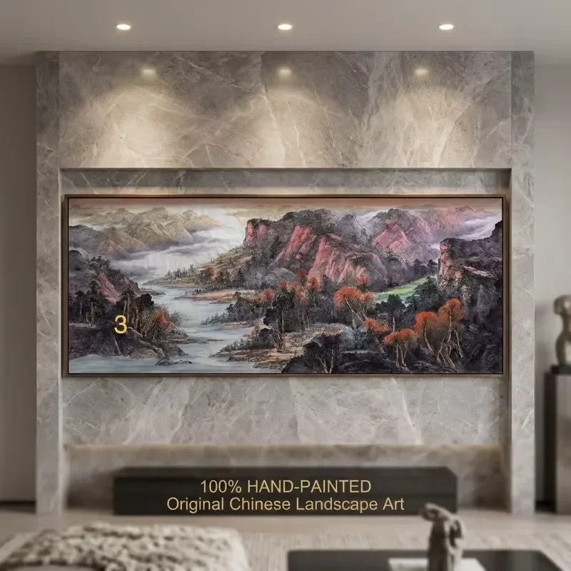Hand-painted Red Forest Fortune Landscape 367x144cm Giant Chinese Shanshui Painting with Feng Shui on Xuan Paper for Grand