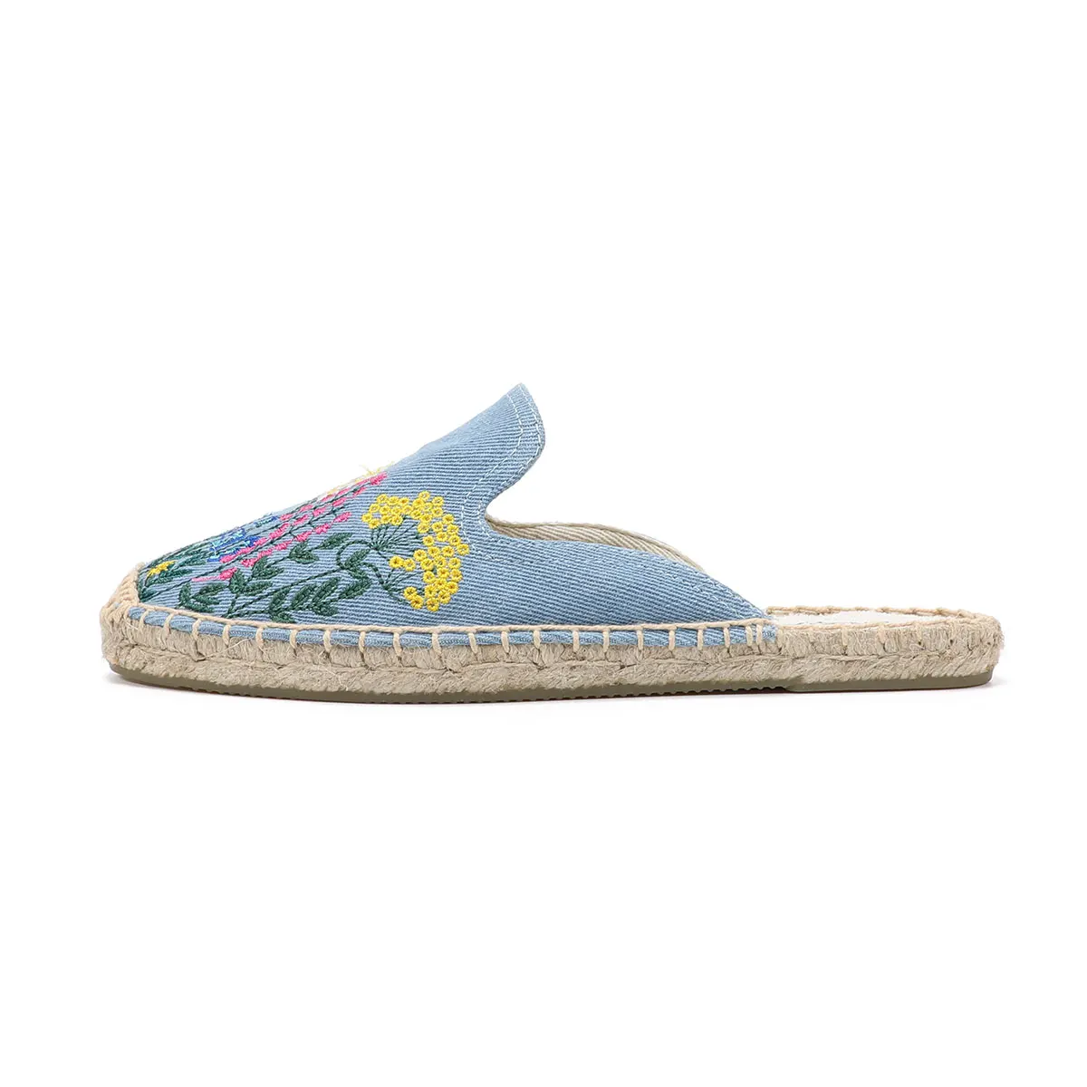 Ladies Summer Fashion Toe Slippers Sandals Flat Comfortable Breathable Slip-On Espadrilles Denim Floral Embroidered Mules