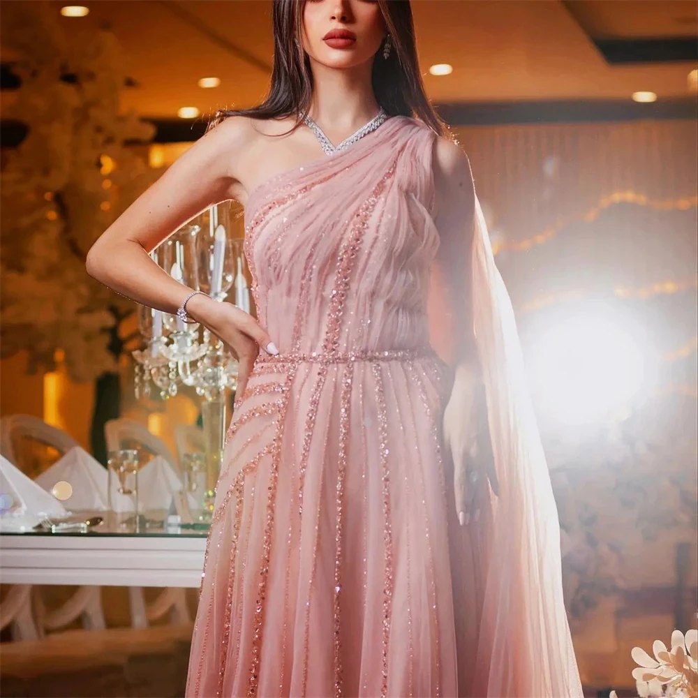 Stripe Bead Embroidery Shawl Pink Shiny One Shoulder Luxurious Graduation Dress Es Luxury Evening Dresses customized Ball Gowns