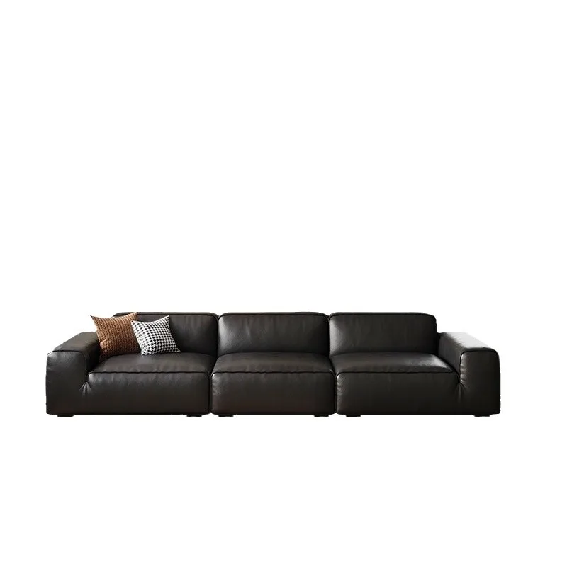 

Leather sofa, living room Italian minimalist, first layer cowhide, black, tofu block, straight row sofa