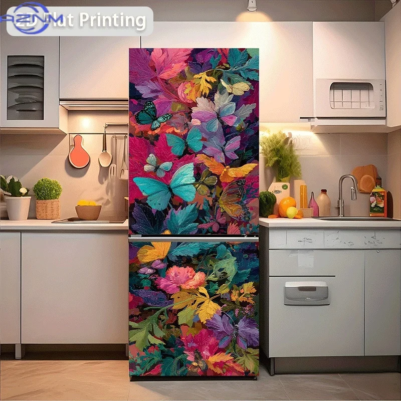 2D Flat Printing No 3D 1pc Refrigerator Sticker Colorful Butterflies Intertwined with Flowers and Leaves Themed Scene Wall Dec