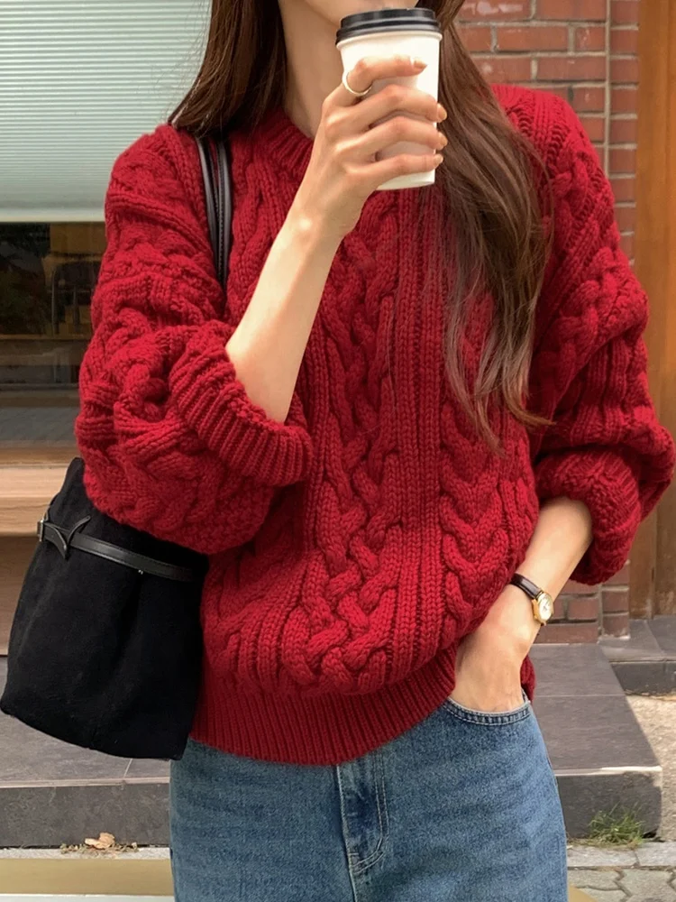

Thiened Red Knitted Sweater Women's Faionable Overhead Twist Winter Warm Sweater Commute Sle round Ne Long Sve