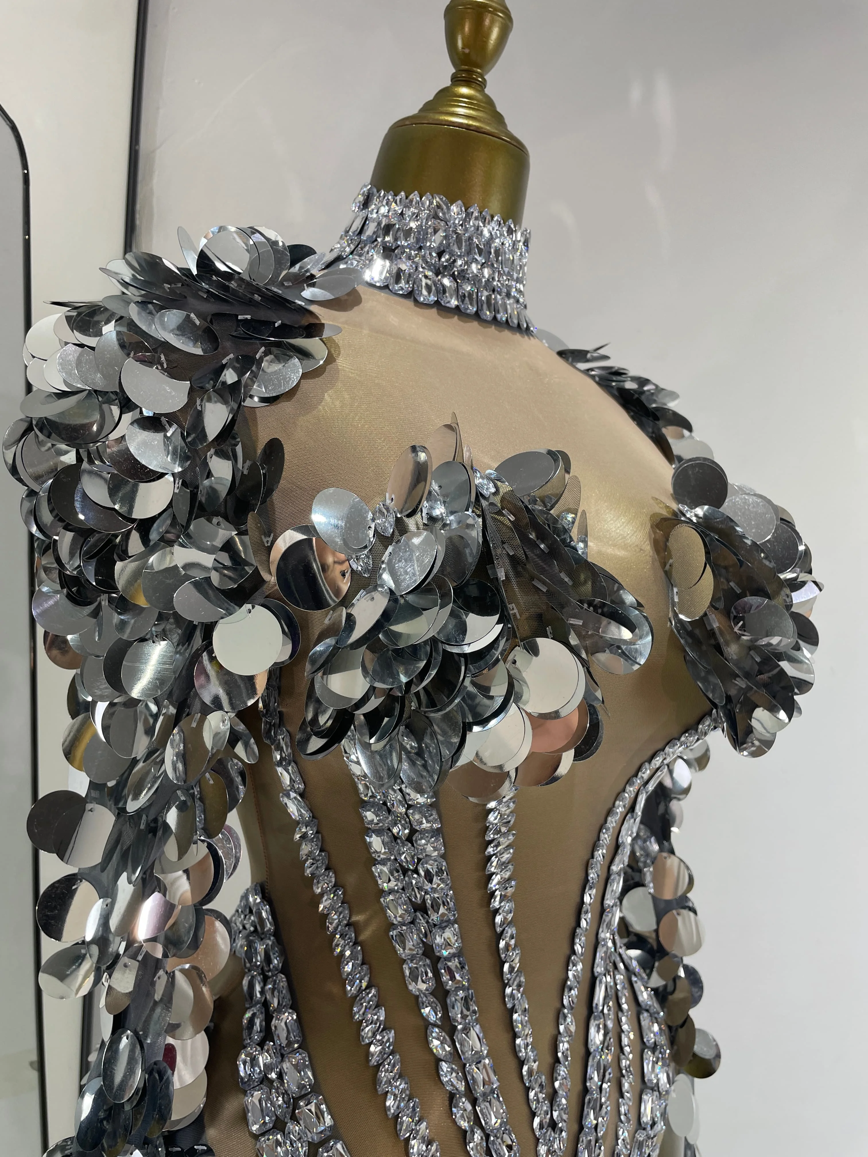 Factory Wholesale Woman Y2K Party Dress Mirror Rhinestones Sheer See Through Thigh High Pole Dancing Performance Costumes Adult