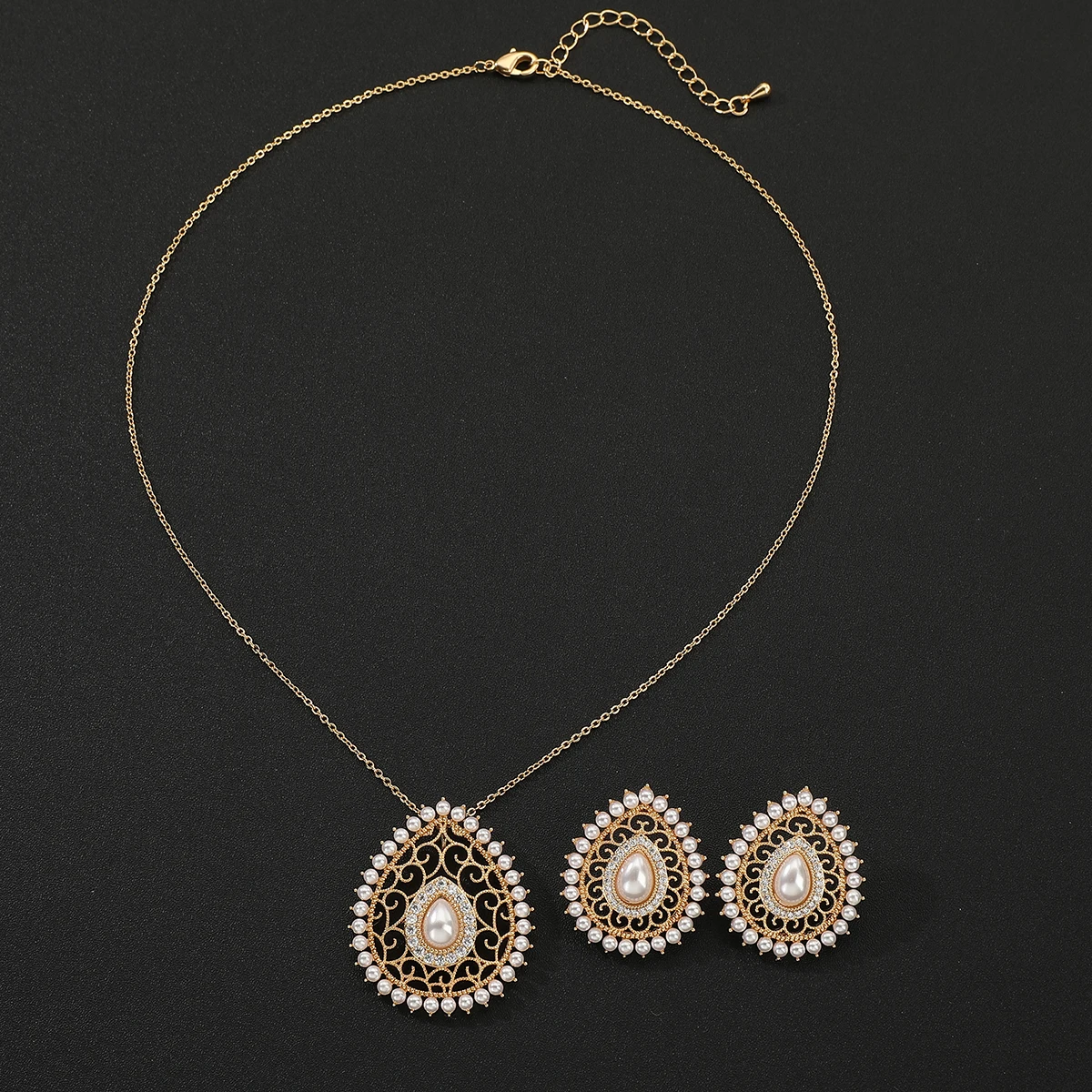 Women Fashion Trendy Zircon Pearl Necklace Earring Set Waterdrop Flower Hollow out Design Wedding Party Jewelry Set ​Accessory
