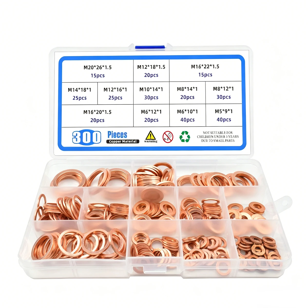 300Pcs 12 Size Metric Flat Ring Copper Sealing Washers Assortment Set for Plumbing and Automotive Sealing