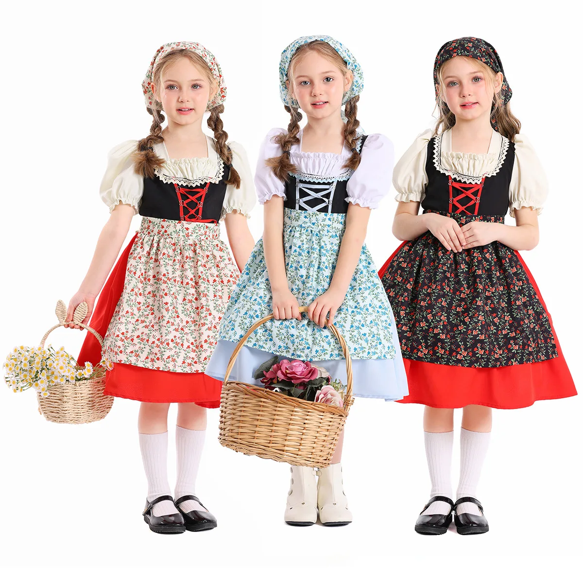 

Vintage Floral Dirndl Dress for Girls Munich Oktoberfest Halloween Stage Performance Outfit