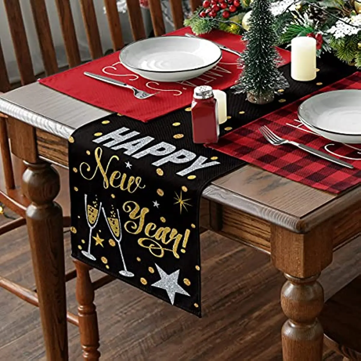 New Christmas Table Runner Black and Gold Happy  Year Linen   Home Party Decoration Kitchen