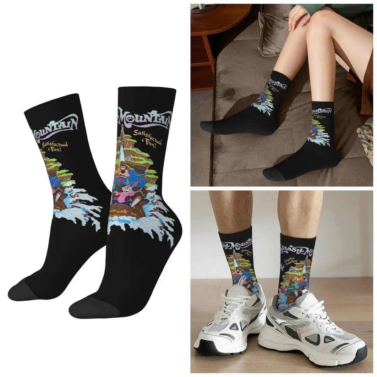 Calcetines divertidos satisfactorios para todas las estaciones, Splash Mountain Laughin Splashin, calcetines Harajuku Crew, medias informales para hombres y mujeres, regalos