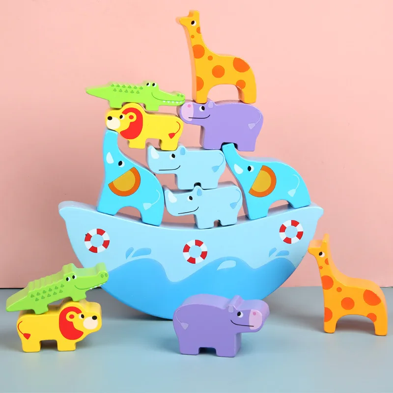 

Children's wooden animal balance building blocks game stacking high baby hand-eye coordination puzzle early education stacking t