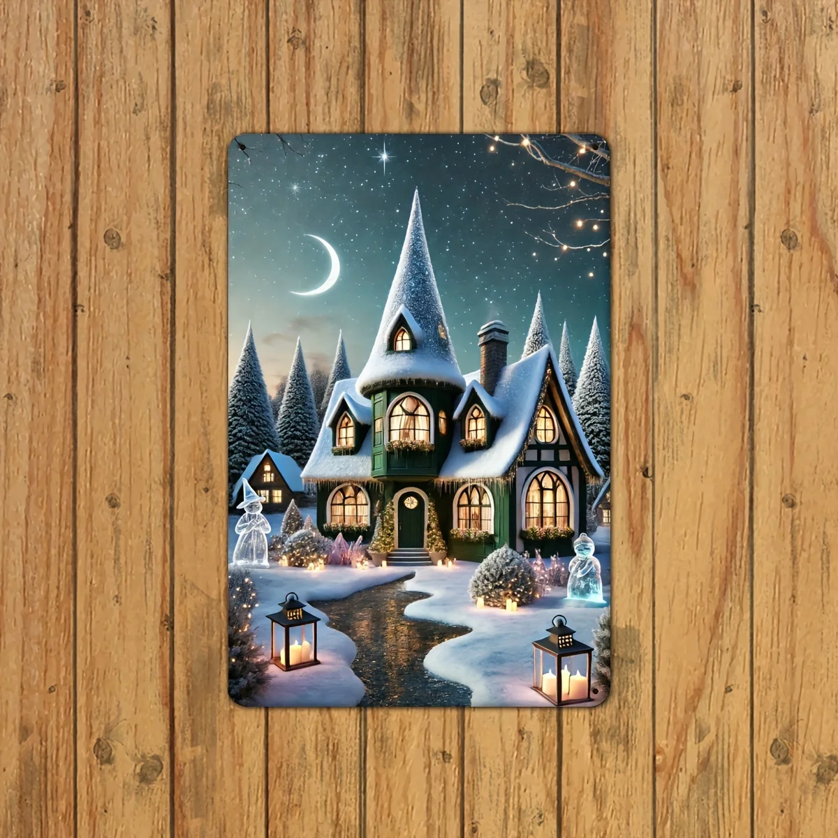2D Flat, 1pc Vintage Christmas Cottage Metal Sign- 30.48x20.32 cm(8x12 Suitable for Walls) Rustic Wall Decor with Pre-Drilled Ho