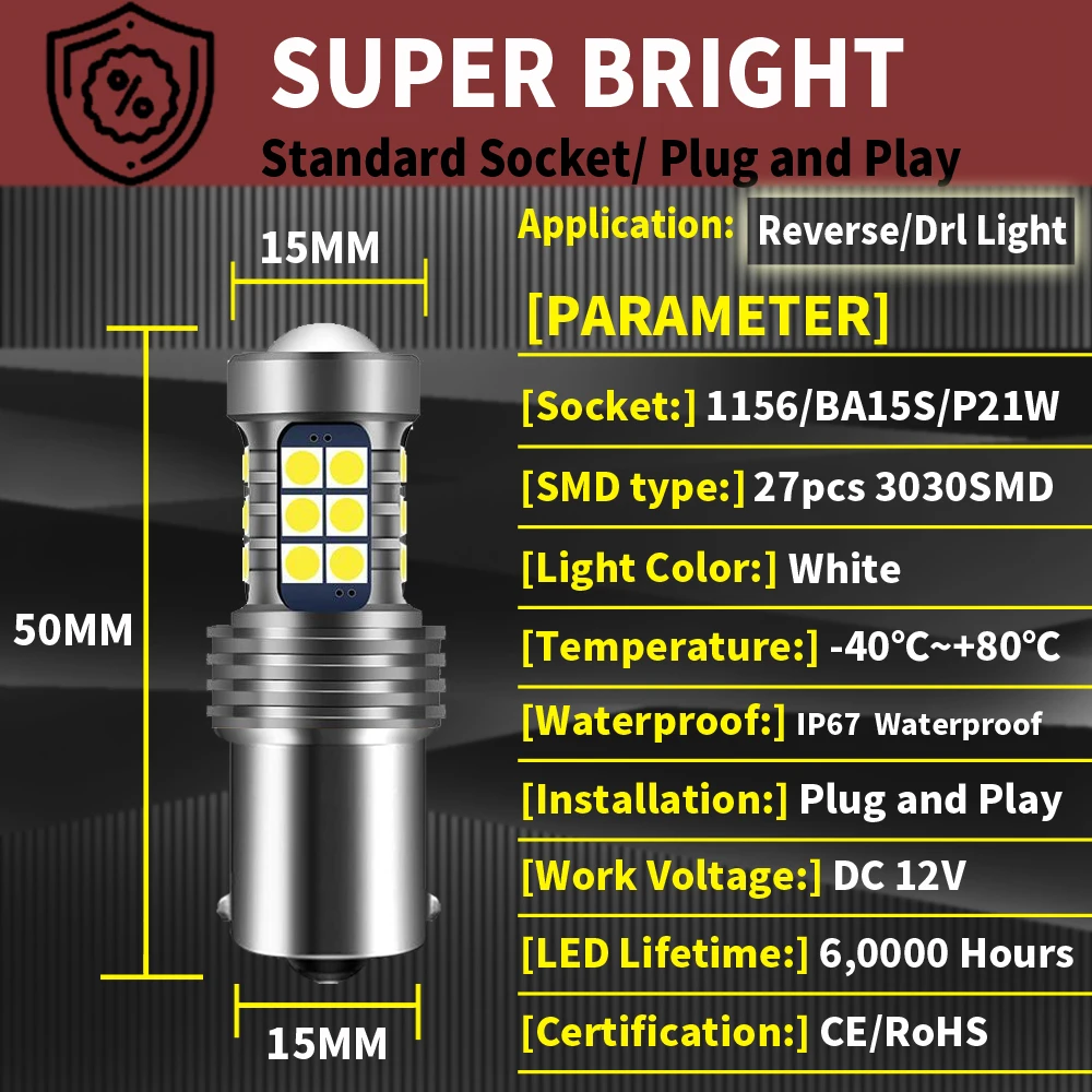 2x DRL Car LED Reverse Light 1156 P21W BA15S Bulb Auto Backup Lamp For Renault Duster Megane 2 3 Logan Clio Fluence 3030 27SMD