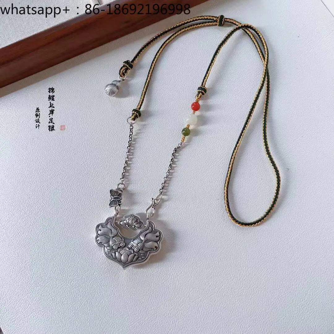 

Double S Hook, Handmade Braided Rope, Long Necklace, Pumpkin Silver Beads, Silver Gourd Accessories, Hetian Jade.