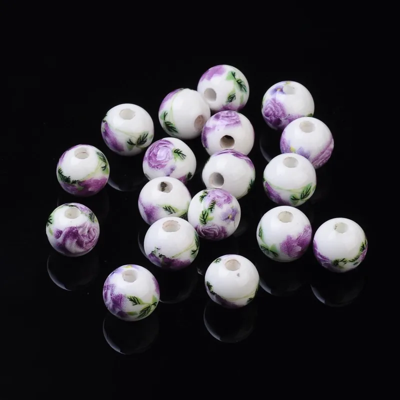 Floral Printed Porcelain Beads Flower Patterned Ceramic Beads Round Orchid 8mm Hole: 2mm