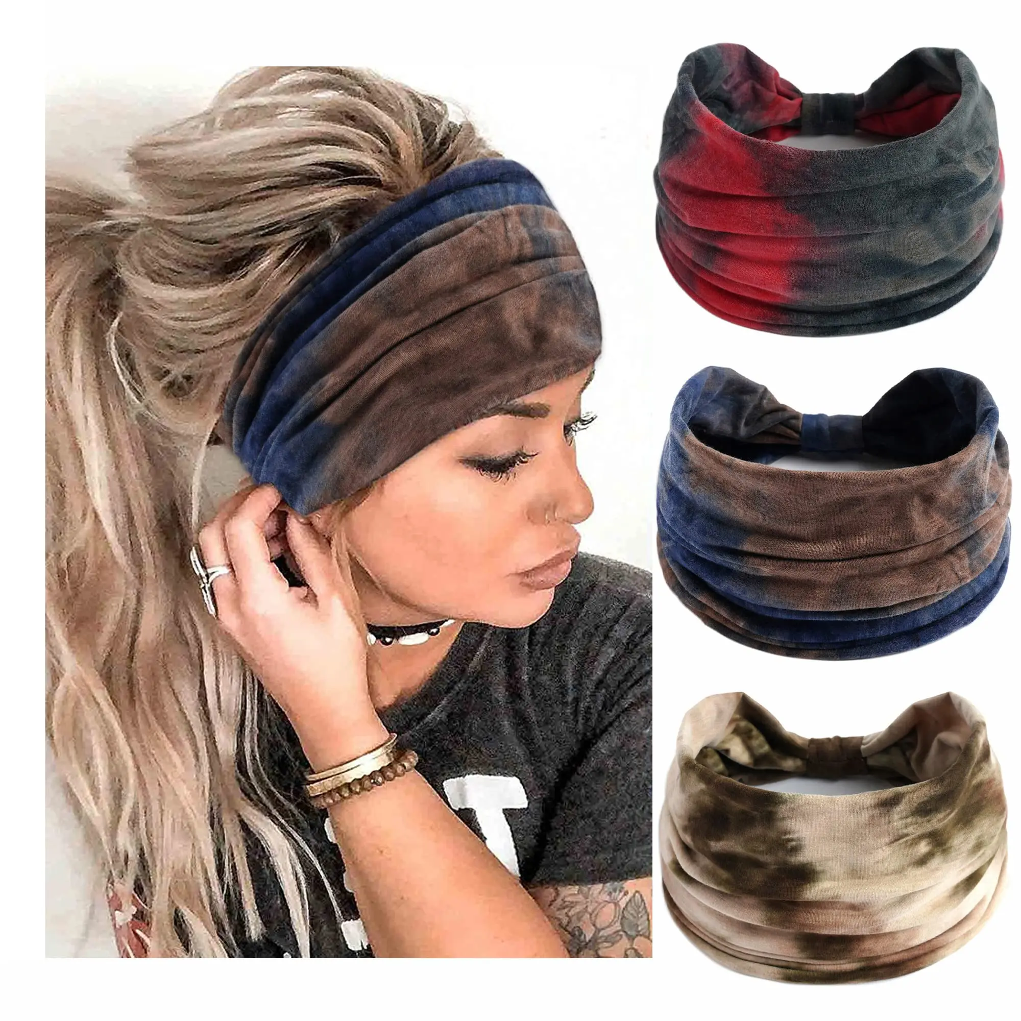 Tie Dye Headbands for Women Wide Turban Headwrap Knotted Vintage Hairbands Cotton Bandanas Bandage Headscarf Hair Accessories