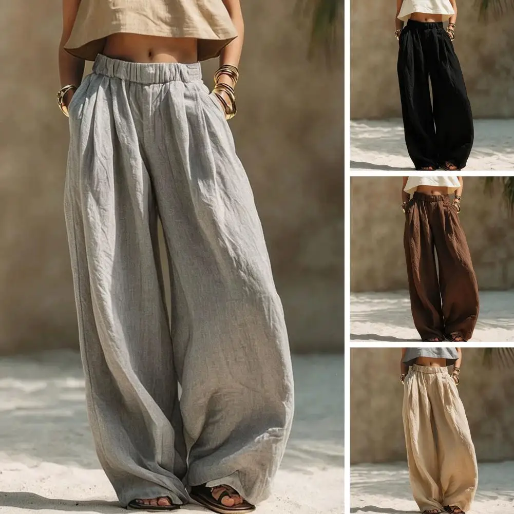 Solid Color Trousers Trousers with Elastic Waist Women Wide Leg Pants Elastic Waist Loose Trousers with Pockets for Spring