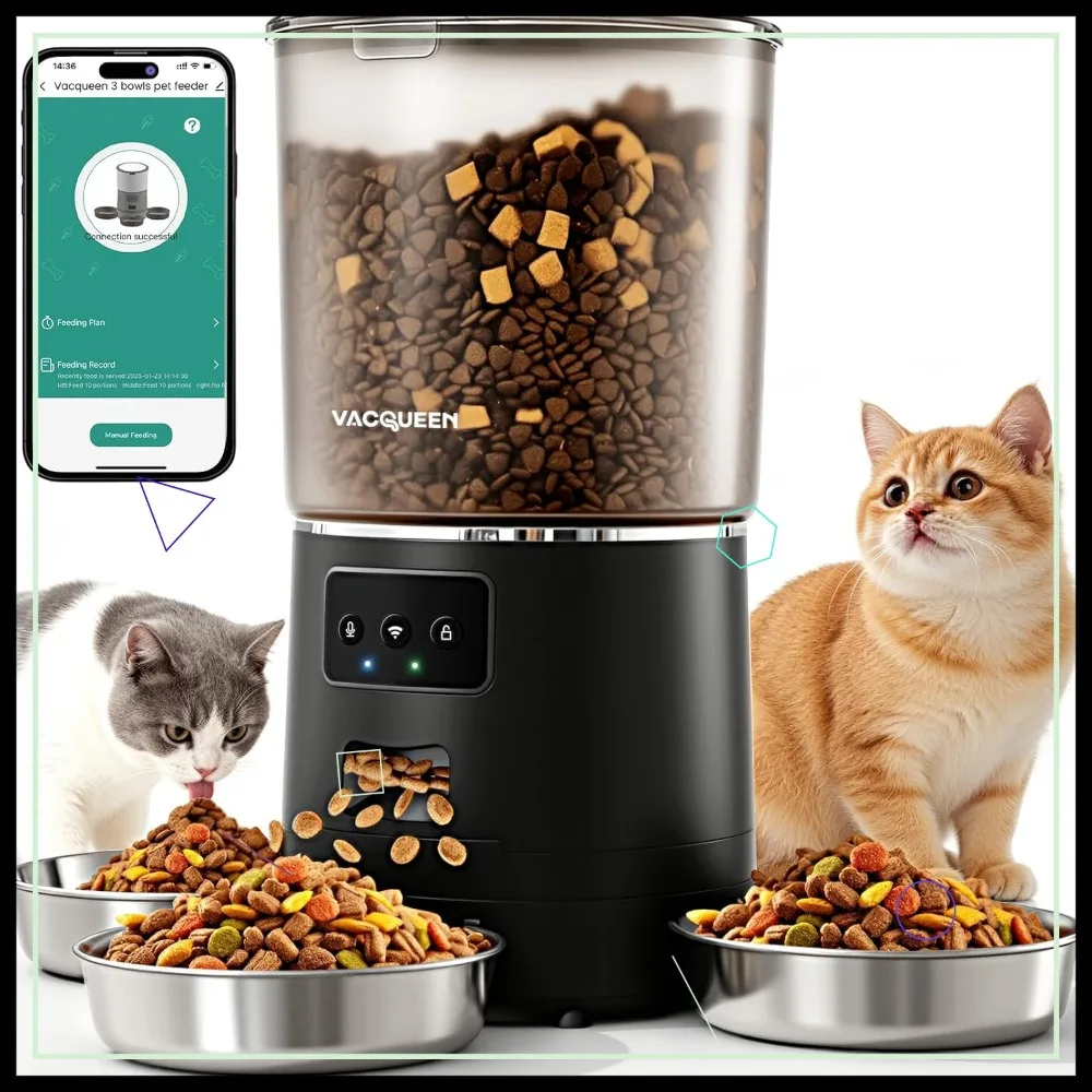 

WiFi Automatic Cat Feeder for 3 Cats, 6L Anti-Jam Dispenser with Desiccant, Smart App Control Pet Feeder, Gift