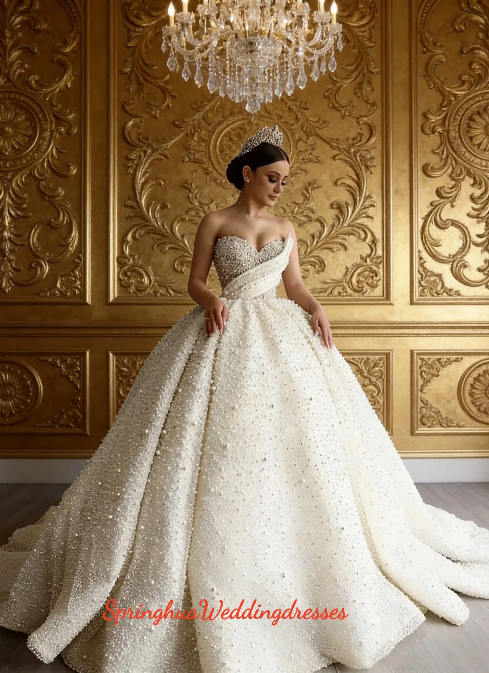 Customized luxurious pearl beaded heart-shaped wedding dress wedding gown Queen-style sleeveless bride's dress Skirt dress Dubai