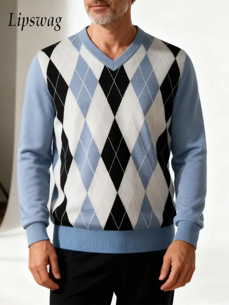 

Классический вязаный пуловер с ромбовидным узором, мужские осенне-зимние повседневные повседневные свитера с v-образным вырезом для мужчин, уличная мода, тонкий вязаный свитер