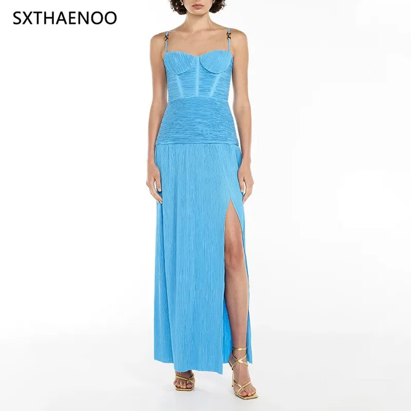 

SXTHAENOO Designer Heavy Craft Draping High Waist Sexy Strapless Halter Dress 2025 Summer Ladies New Dress Loose Hem Slit Skirt