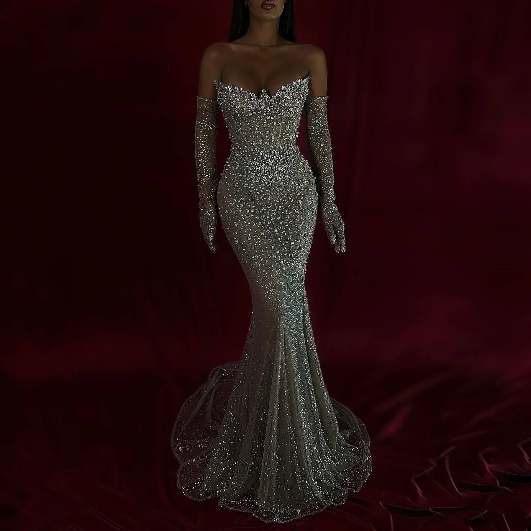 

Luxury Sexy Long Prom Dresses Applique Glitter Sequin Lace Evening Gowns Beaded Mermaid Party Dress Customized