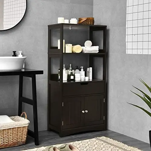 Bathroom Floor Cabinet with Drawer, 2 Open Shelves and Door Cupboard, Multipurpose Free Standing Storage Cabinet for Bathroom Ki