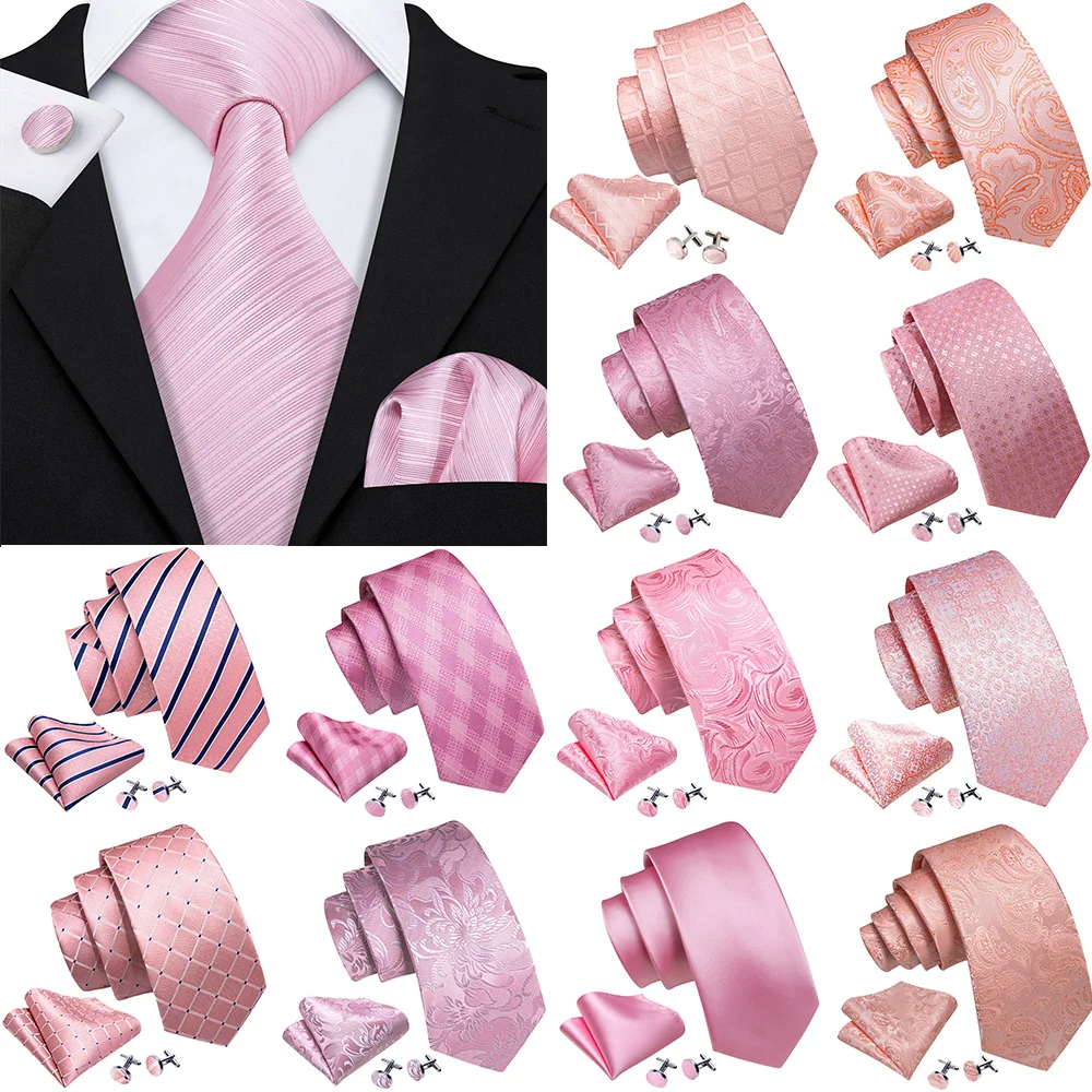 Elegant Pink Ties For Men Luxury Silk Stripe Pocket Square Cufflinks Set Fashion Male Necktie Groom Wedding Gift Barry.Wang 5090