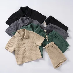 Summer Kids Clothes Two Piece Set Of Solid Color Collar Short Sleeved Shirt And Shorts  Fashionable Casual Boys And Girls Suit