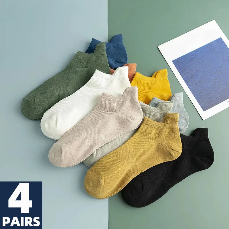 4 Pairs Brand Men Cotton Socks New Style Soft Breathable Solid Colorful Simple Fashion Short Ankle Street Unisex Sock Plus Size