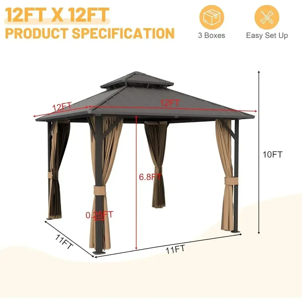 12'x12' Hardtop Gazebo, Patio Gazebo with Galvanized Steel Double Roo, Outdoor Pavilion with Mosquito Netting and Curtains or Ga