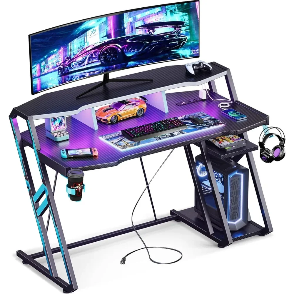 Gaming Desk with Power Outlet & LED Lights with PC Storage Shelf, with Carbon Fiber Texture, 47inch Gaming Computer Desk