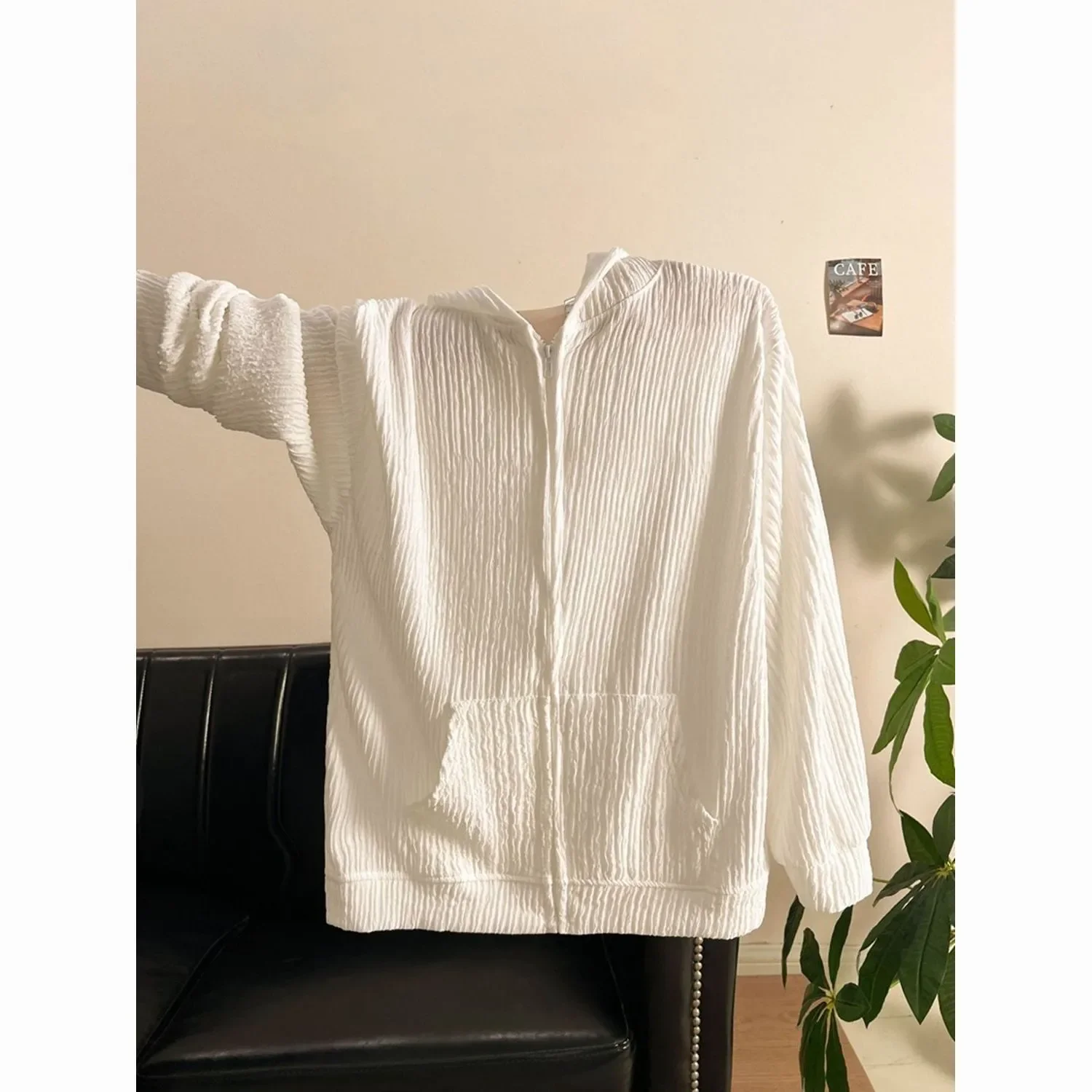 White Crinkled Texture Zip Up Hoodie for Women Loose Fit Casual Spring Autumn Lightweight Hooded Sweatshirt