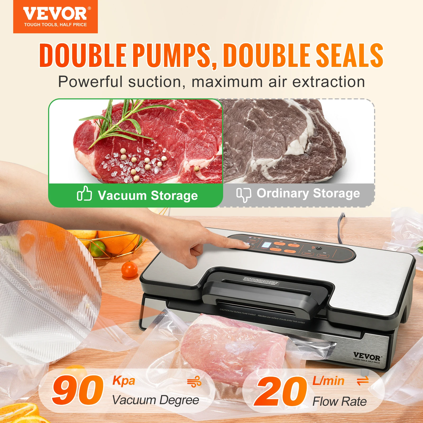 VEVOR 90Kpa 130W Vacuum Sealer Food Packaging Machine with Free 10pcs Vacuum bags for Household Kitchen Vacuum Food Sealing