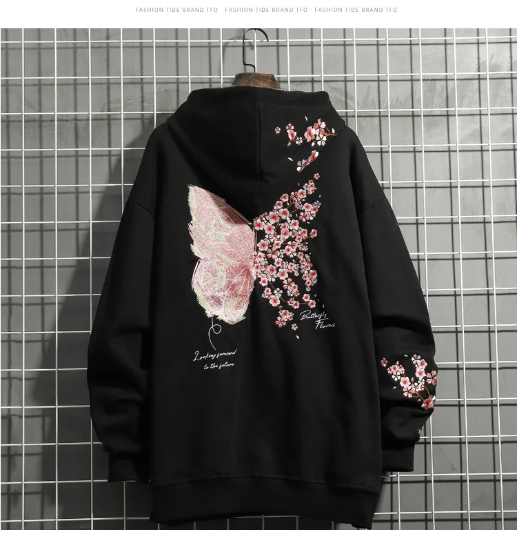 Butterfly Cherry Blossom Embroidery Hoodies Sweatshirts Harajuku Streetwear Black Jackets Men/Women Pullovers Sweatshirts y2k