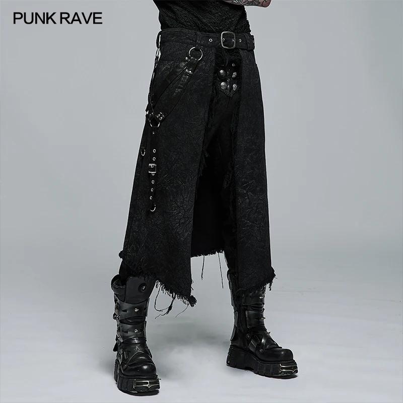 

PUNK RAVE Men's Gothic Textured Printed Stylish Kilt Decorated Which Is Detachable Leather Loop Party Club Men Black Skirtpants