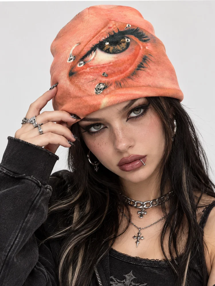 Y2K Gothic Eye Print Beanie Unisex Skull Piercing Graphic Knit Hat Streetwear Winter Warm Cap for Men Women Punk Fashion