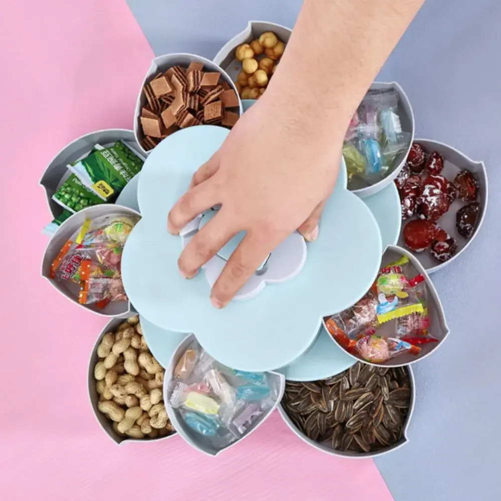 Dried Fruit Plate 2-layer Rotating Petal Candy Box with Phone Holder Dust-proof Snack Tray Plastic Jewelry Organizer Wedding