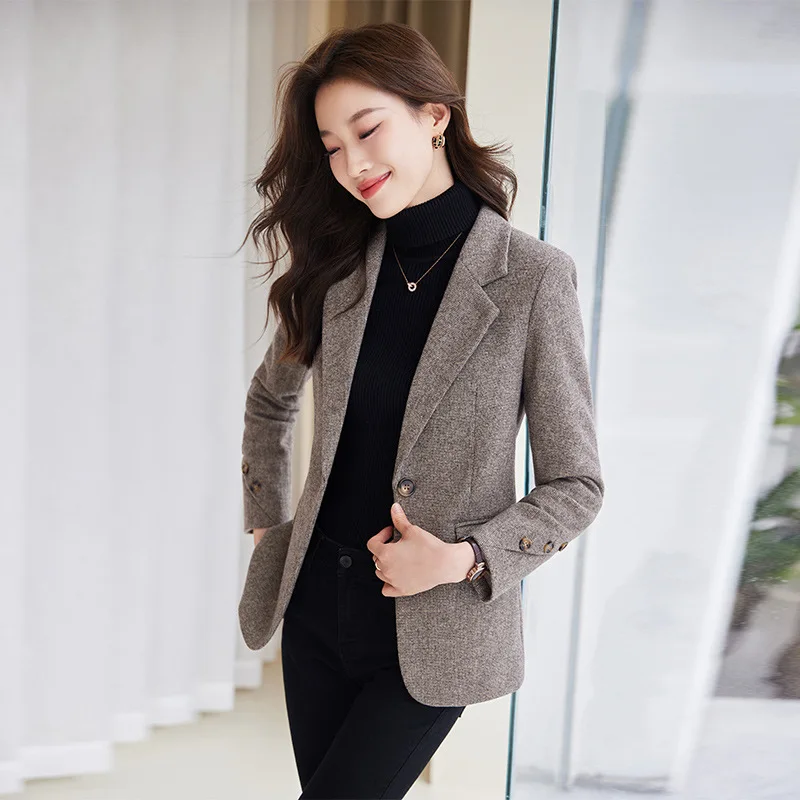 Autumn Winter Outerwear Women Blazer Ladies Single Button Long Sleeve Woolen Suit Jacket Loose Formal Coat Female Casual Tops