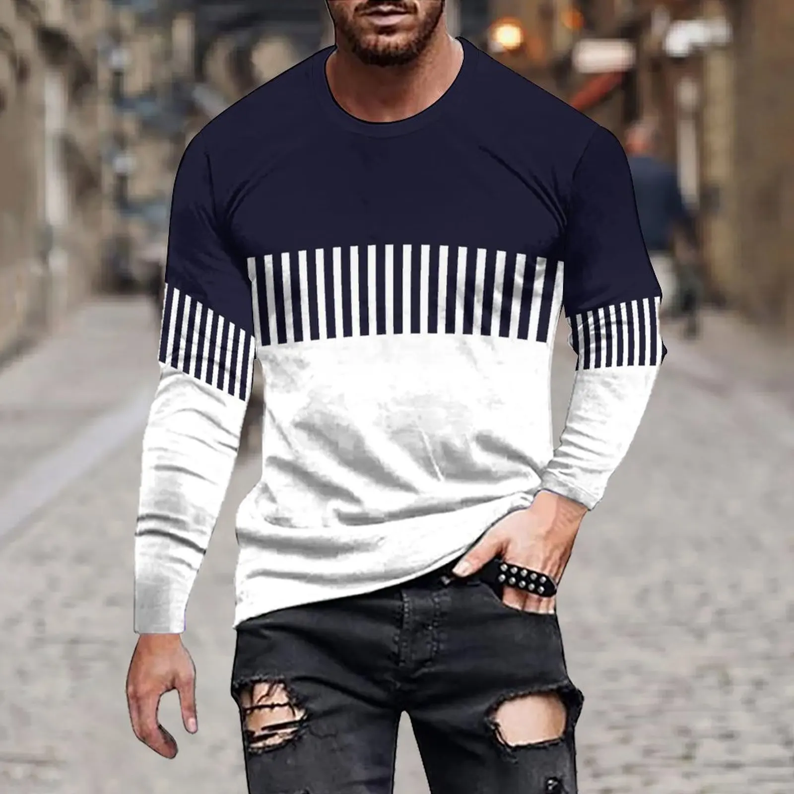 

Men's/Women's Autumn Long Sleeve T-Shirt Fashion Loose Black And White Contrast Color Casual Breathable Simple Crew-Neck Hoodie