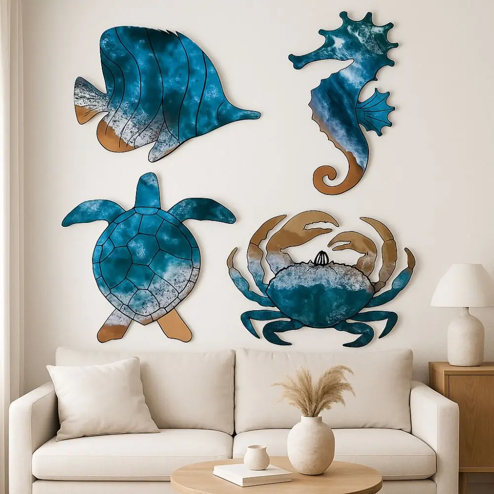 

4pcs Mediterranean Style Summer Ocean Wall Decoration Seahorse Crab Nautical Theme Wooden Sea Hanging Ornaments Handcrafted