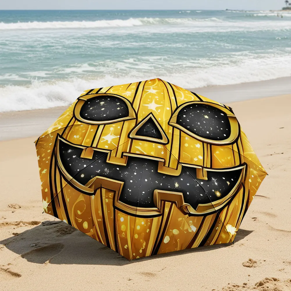 Golden Halloween Pumpkin Face Design Umbrella Compact Fashion Folding Umbrella for Daily Use, Christmas Gift