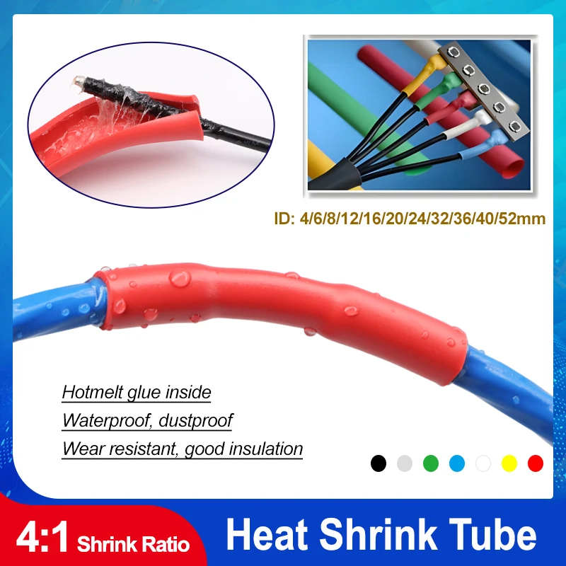 

1/2/5M 4:1 Thicken Dual Wall Heat Shrink Tube Glued Dia. 4mm ~ 52mm Polyolefin Adhesive Wire DIY Cable Repair Sleeving Wrap Film