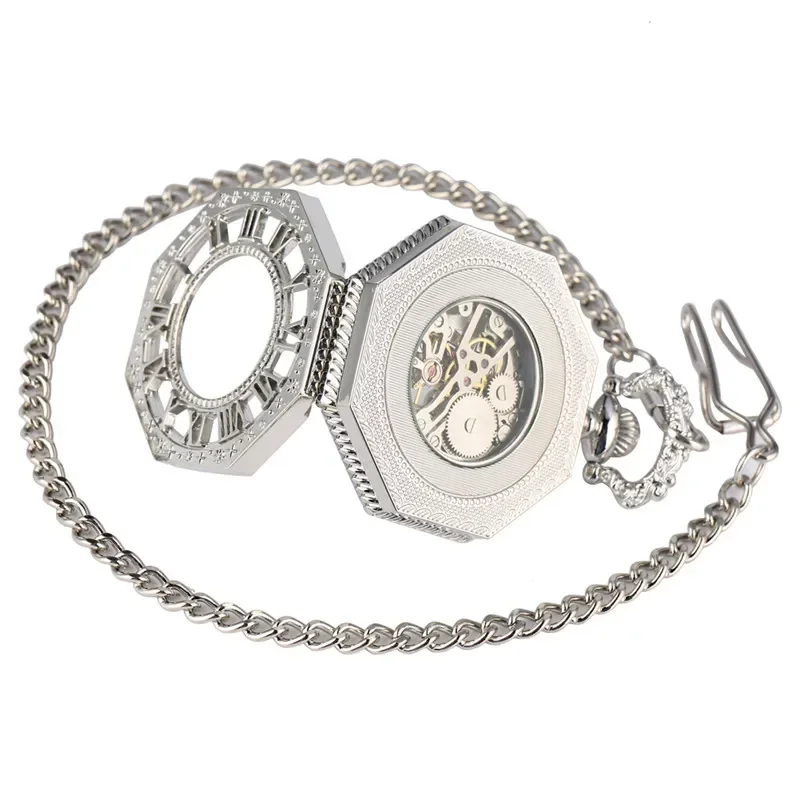 Silver Hollow Octagon Men Women Hand-winding Mechanical Pocket Watch Skeleton Clock Roman Number Dial Pendant Chain Reloj